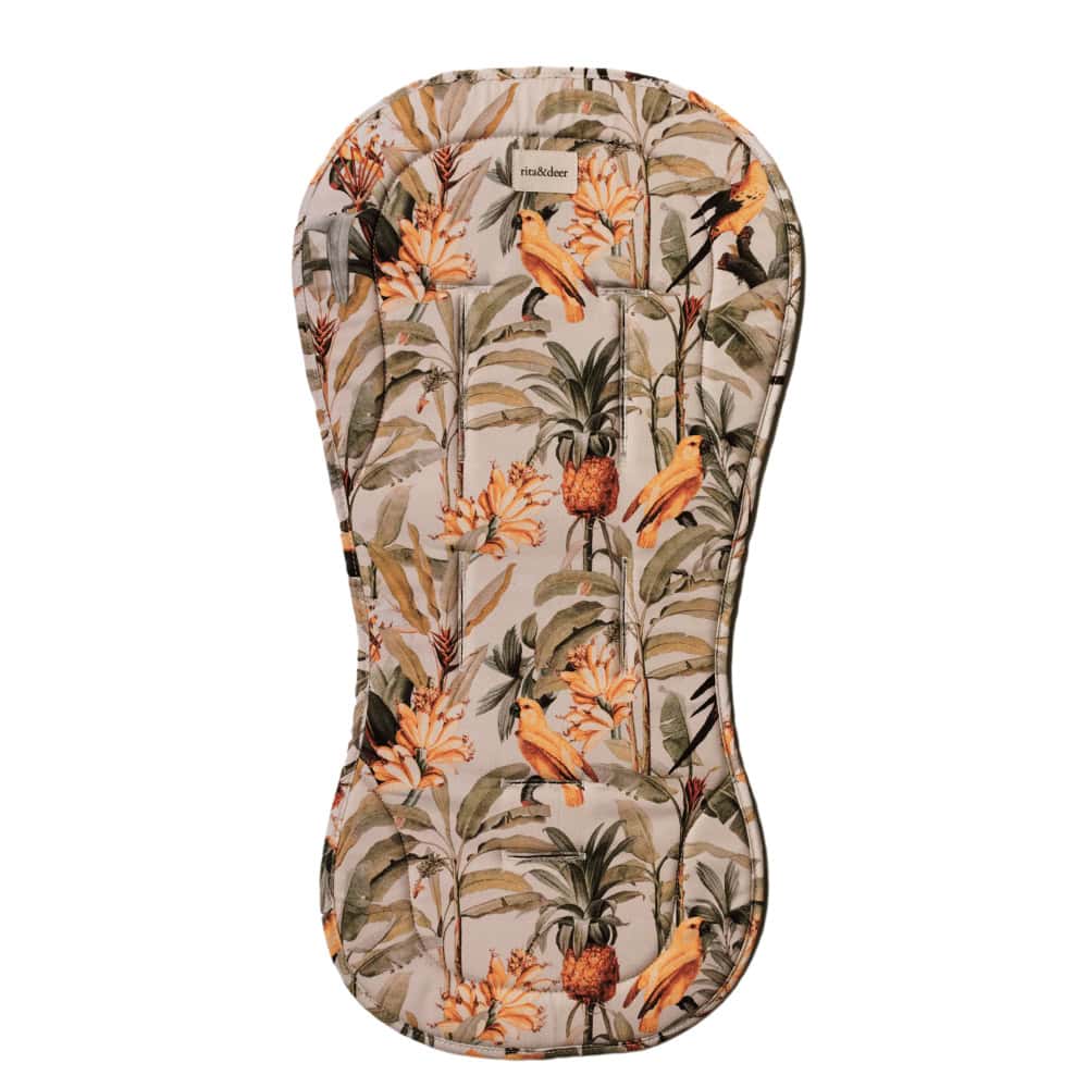 colchoneta universal bugaboo tropic con animales tropicales y elementos de la selva