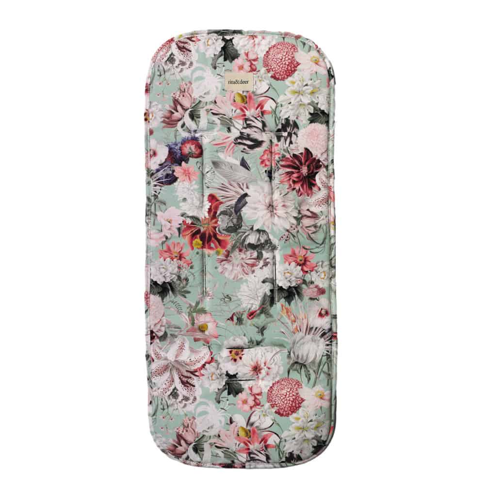colchoneta universal para todos los modelos de carro de bebé o silla de paseo con estampado mint y flores.