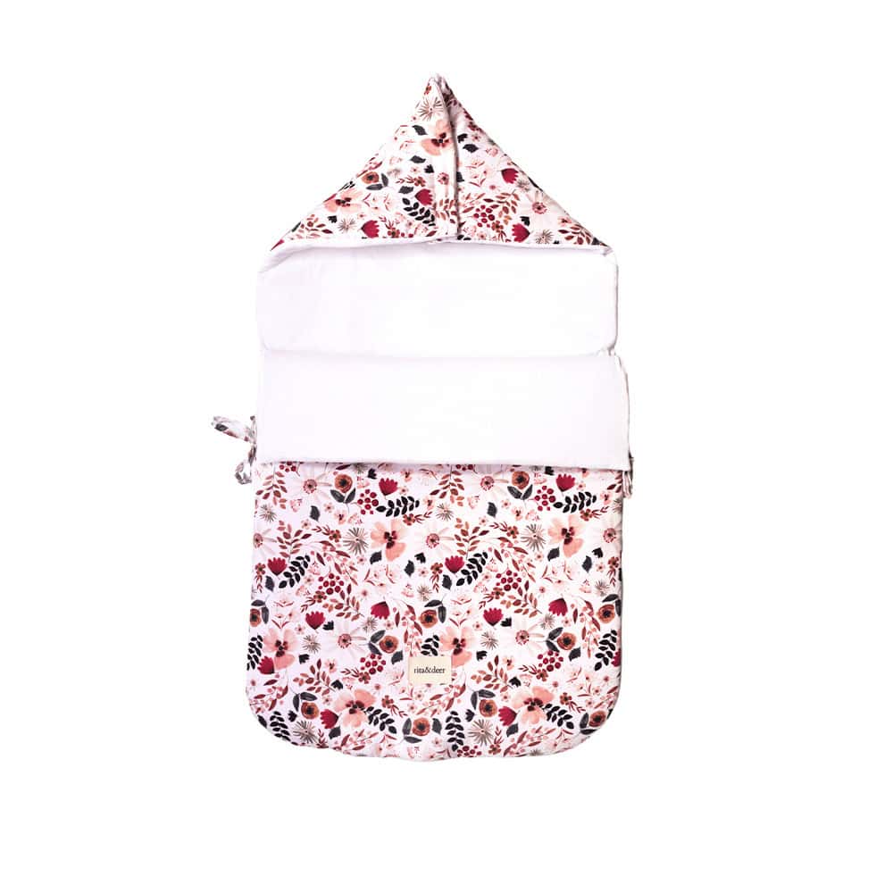 mid-season and winter baby carrycot footmuff with an original and modern floral print