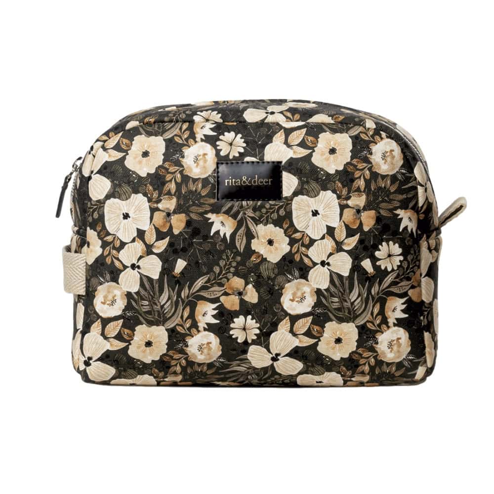 neceser de bebé verde con estampado de flores en beige