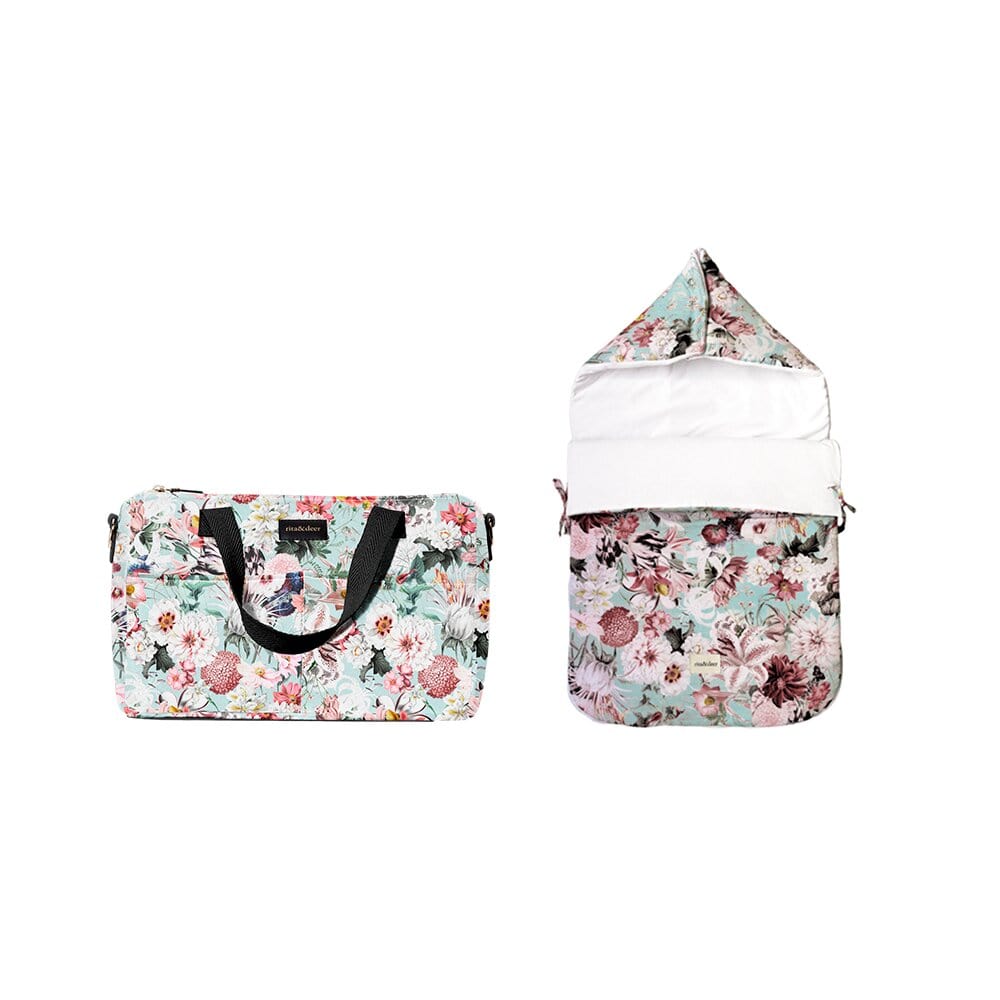 bolso carro bebé chester bohemian con saco de capazo estampado de flores y fondo verde mint