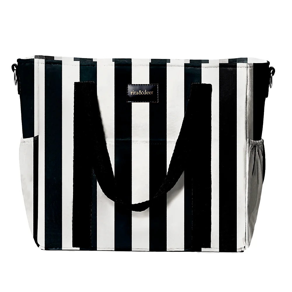 bolso para carro de bebé con estampado de rayas negras y cinta negra
