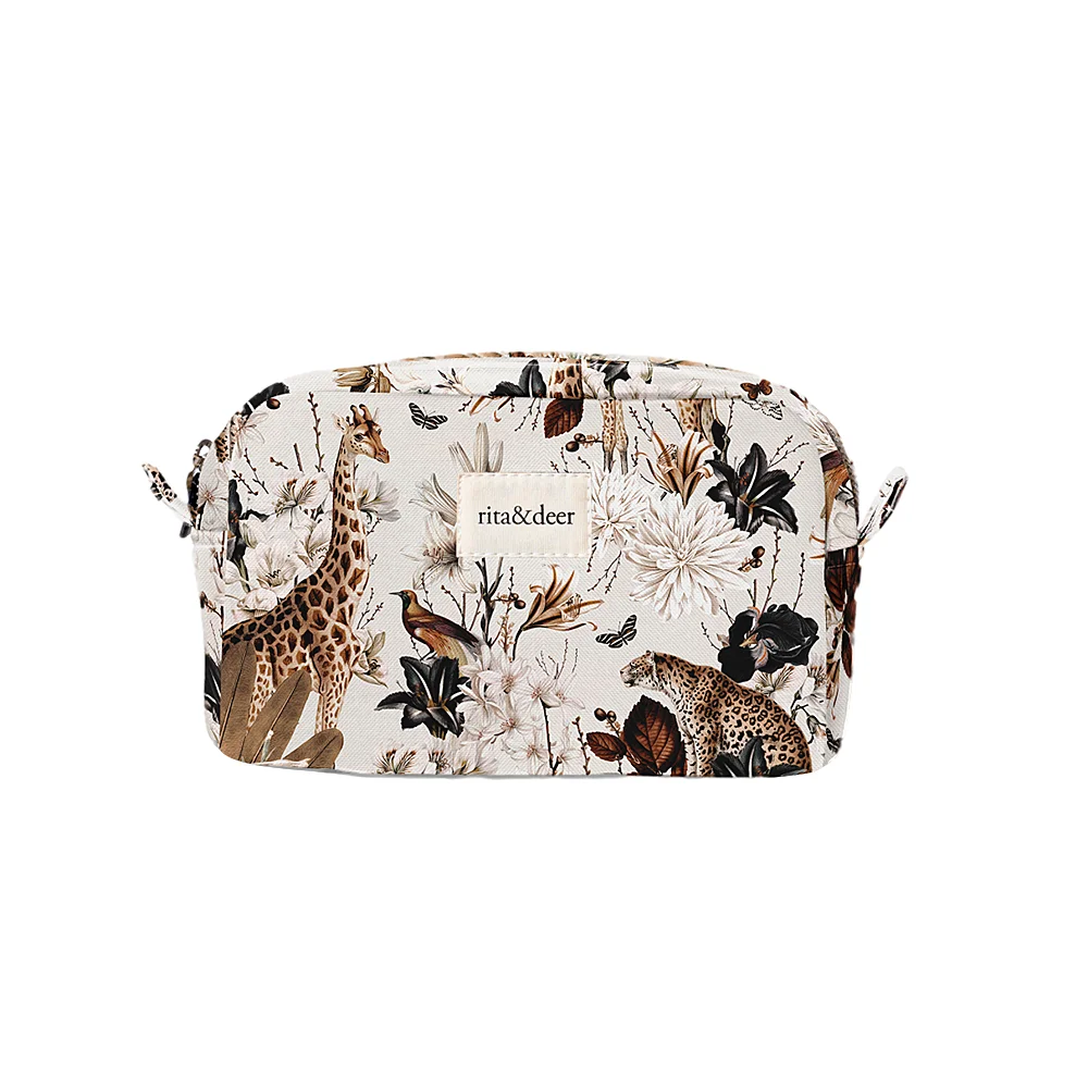 neceser de bebé pequeño luxor con estampado de jirafas y leopardos ancestrales en fondo beige