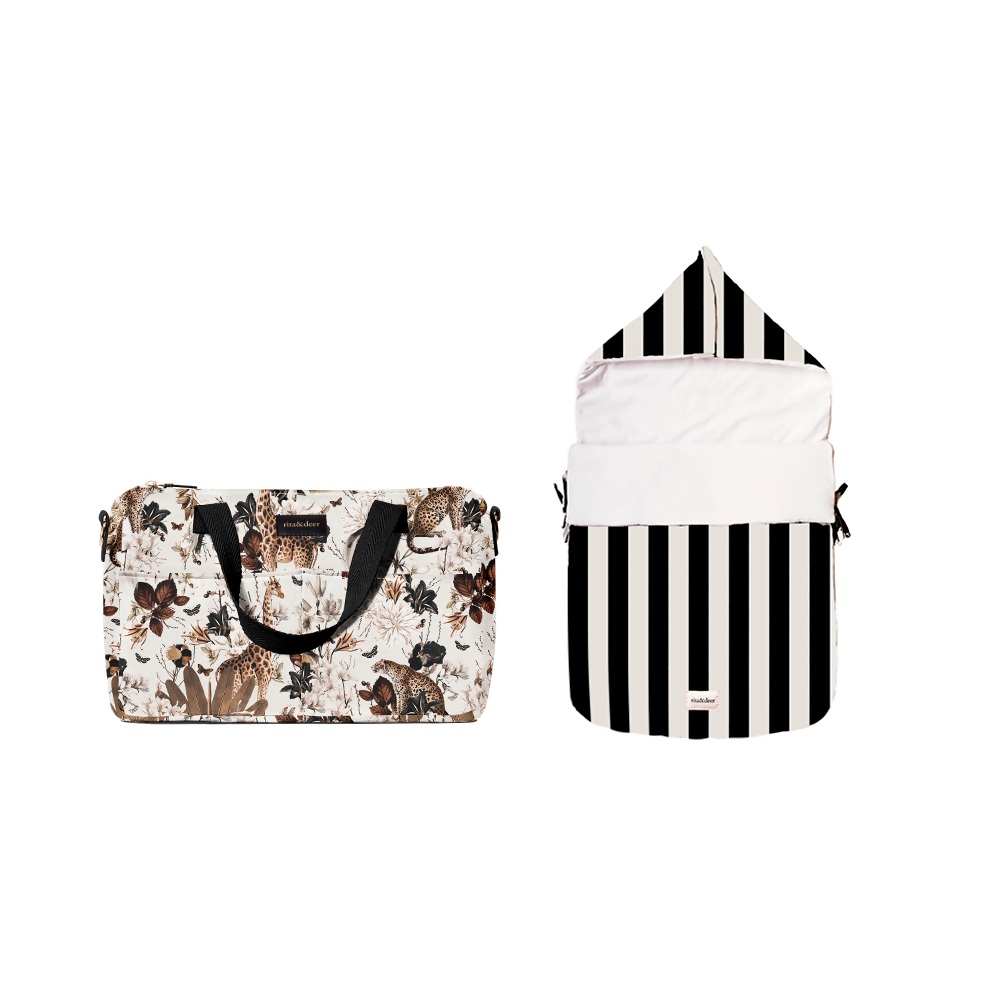 bolso carro bebé chester luxor con estampado de animales como jirafas y leopardos más el saco capazo de bebé a rayas negras. Juntos crean una espectacular combinación que te va a enamorar. conoce la nueva colección Luxor de rita&deer x olivier wolff