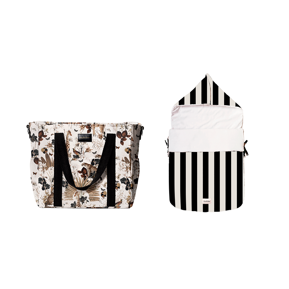 bolso carro bebé luxor estampado de animales como jirafas y leopardos más saco capazo bebé a rayas negras crea una combinación única y original para vestir con diseño el carrito de bebé