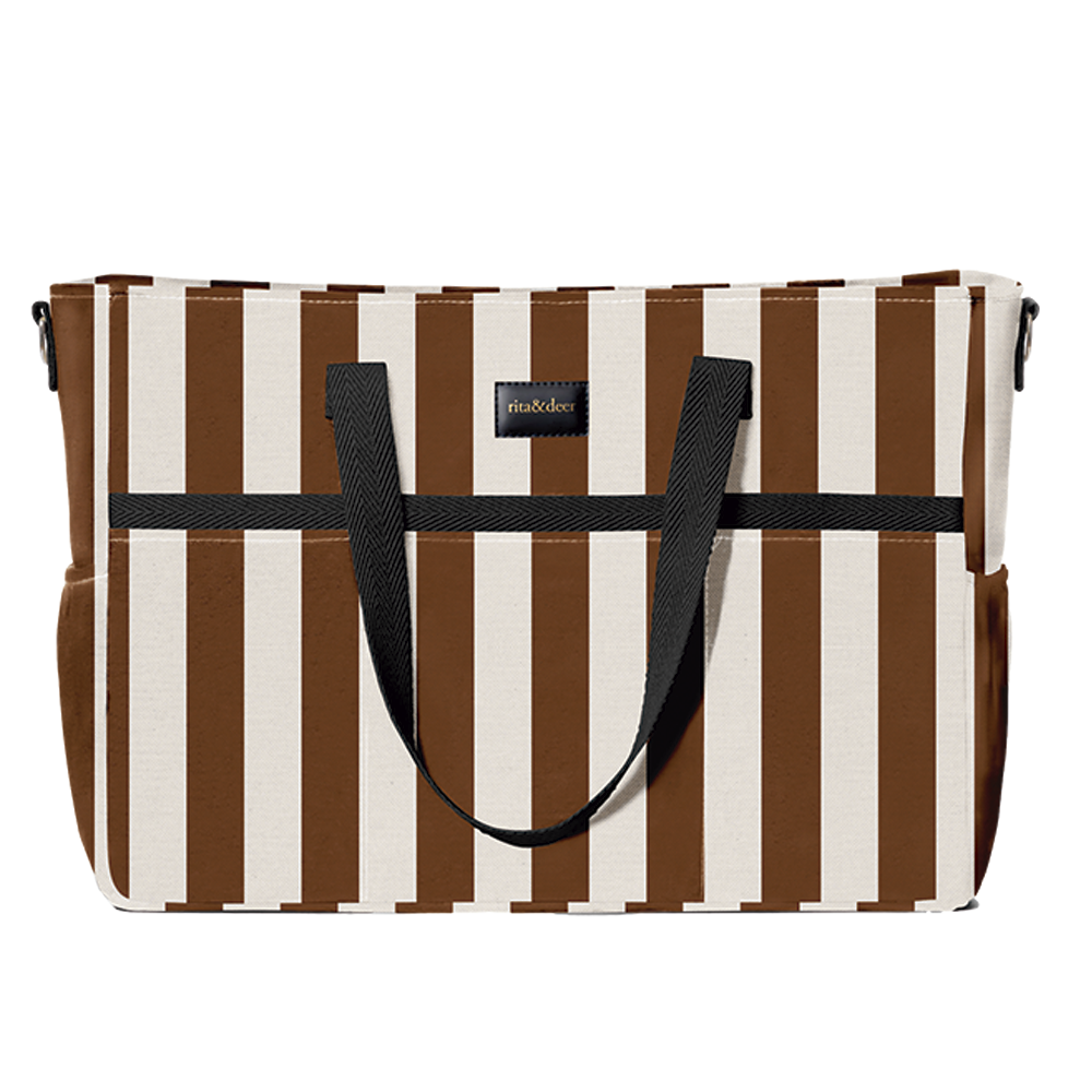 bolso carro gemelar rayas caramel con fondo en beige y cinta en color negro. original bolso gemelar para carro de bebé