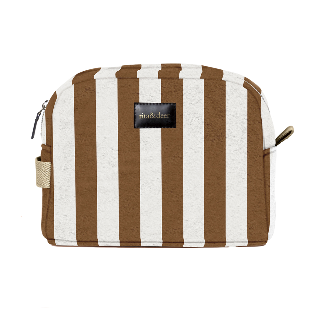 neceser de bebé recién nacido con estampado de rayas caramel y fondo en color beige con cinta de espiga en empuñadura de color beige