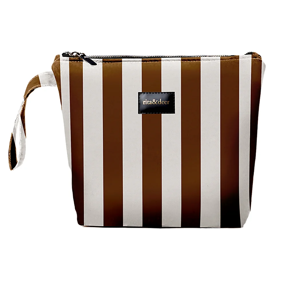 pañalera de bebe a rayas negras con fondo beige. original pañalera donde podrás llevar tus pañalera accesorios y complementos para tu bebé